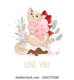 Valentine's day card. Romantic cat with festive elements. Hand lettering. Vector illustration.