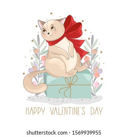 Valentine's day card. Romantic cat with festive elements. Hand lettering. Vector illustration.