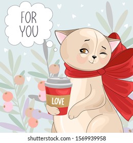 Valentine's day card. Romantic cat with festive elements. Hand lettering. Vector illustration.