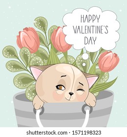 Valentine's day card. Romantic cat with festive elements. Hand lettering. Vector illustration. Template for Invitation, greetings, congratulations, posters, photo overlay.