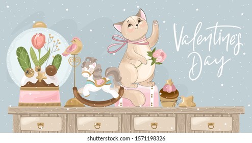 Valentine's day card. Romantic cat with festive elements. Hand lettering. Vector illustration. Template for Invitation, greetings, congratulations, posters, photo overlay.