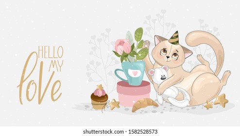 Valentine's day card. Romantic cat with festive elements. Hand lettering. Vector illustration. Template for Invitation, greetings, congratulations, posters.