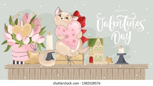 Valentine's day card. Romantic cat with festive elements. Hand lettering. Vector illustration. Template for Invitation, greetings, congratulations, posters.