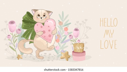 Valentine's day card. Romantic cat with festive elements. Hand lettering. Vector illustration. Template for Invitation, greetings, congratulations, posters