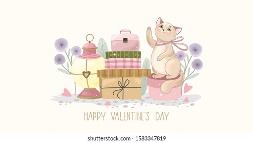 Valentine's day card. Romantic cat with festive elements. Hand lettering. Vector illustration. Template for Invitation, greetings, congratulations, posters