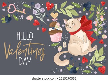 Valentine's day card. Romantic cat with festive elements. Hand lettering. Vector illustration. Template for Invitation, greetings, congratulations, posters.