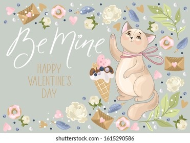 Valentine's day card. Romantic cat with festive elements. Hand lettering. Vector illustration. Template for Invitation, greetings, congratulations, posters.