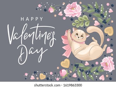 Valentine's day card. Romantic cat with festive elements. Hand lettering. Vector illustration. Template for Invitation, greetings, congratulations, posters.
