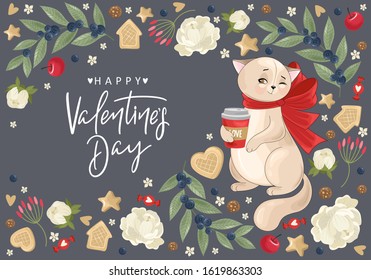 Valentine's day card. Romantic cat with festive elements. Hand lettering. Vector illustration. Template for Invitation, greetings, congratulations, posters.
