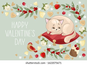 Valentine's day card. Romantic cat with festive elements. Hand lettering. Vector illustration.
Template for Invitation, greetings, congratulations, posters.