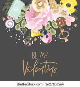 Valentine's day card. Romantic cat with festive elements. Hand lettering. Vector illustration.
Template for Invitation, greetings, congratulations, posters.