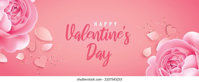 Valentine's day card. Romantic composition of roses, hearts, and petals on a pink background . Vector horizontal illustration for greeting card, website , posters,ads, flyers and other promotional mat