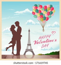 Valentine's day card with romantic couple in Paris background