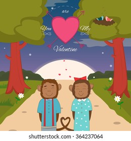 Valentines day card with romantic couple monkeys. Vector illustration