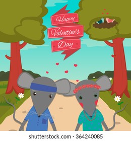 Valentines day card with romantic couple mouse. Mouse boy and girl. Vector illustration