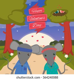 Valentines day card with romantic couple mouse. Mouse boy and girl. Vector illustration