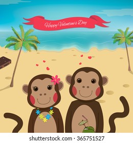 Valentines day card with romantic couple monkeys. Summer background. Beautiful Monkey. Vector illustration
