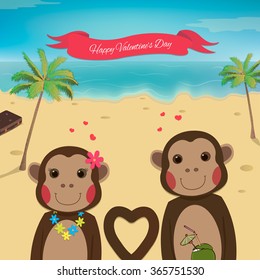 Valentines day card with romantic couple monkeys. Summer background. Beautiful Monkey. Vector illustration