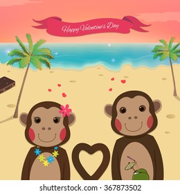 Valentines day card with romantic couple monkeys. Summer background. Beautiful Monkey. Vector illustration