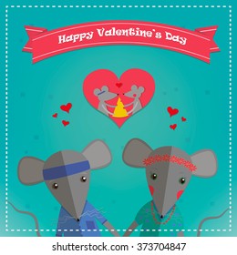 Valentines day card with romantic couple mouse. Mouse boy and girl. Vector illustration