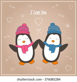 Valentines day card with romantic couple Penguin. Vector illustration
