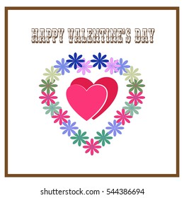 Valentines day card. Romantic flower twig in frame and greeting. Two heart symbol love and holiday valentines day. Romantic sign linked, join, love, passion. Design element. Vector illustration