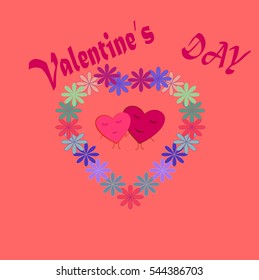 Valentines day card. Romantic flower twig in frame and greeting. Two heart symbol love and holiday valentines day. Romantic sign linked, join, love, passion. Design element. Vector illustration
