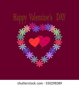 Valentines day card. Romantic flower twig in frame and greeting. Two heart symbol love and holiday valentines day. Romantic sign linked, join, love, passion. Design element. Vector illustration
