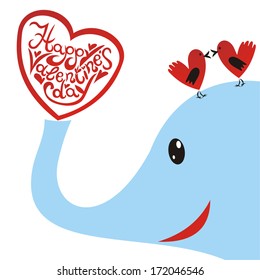 Valentines day card romantic pattern background elephant and two birds hearts vector illustration