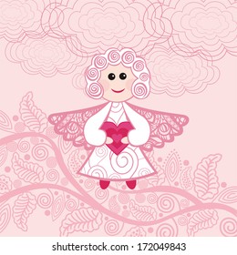 Valentines day card romantic pattern background angel with heart vector illustration