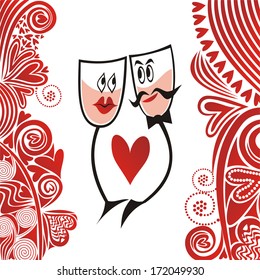 Valentines day card romantic pattern background two glasses of wine vector illustration