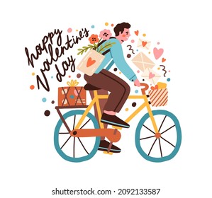 Valentines day card with romantic postman riding bicycle and greeting phrase. Postcard with lettering composition and love mail, envelopes. Flat vector illustration isolated on white background