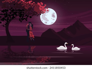 Valentine's Day Card Romantic Young Couple in Love Moment in Park Illustration 