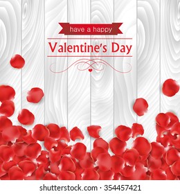 Valentines day card with rose paddles on a white wooden background.