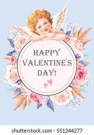 Valentines day card with roses and cupid