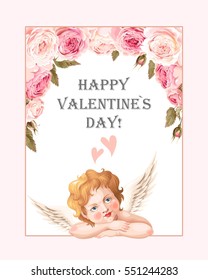 Valentines day card with roses and cupid