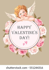 Valentines day card with roses and cupid