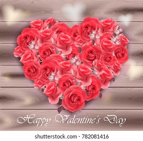 Valentines day card. Roses heart on wood background Vector