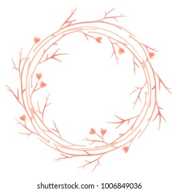 Valentine's Day card with round frame from tree branches and hearts. Soft pink color frame for valentines design. Vector illustration isolated on white background