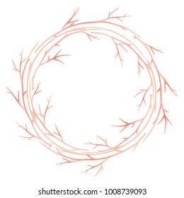 Valentine's Day card, round frame from tree branches. Soft pink color frame for valentines design. Watercolor vector illustration isolated on white background