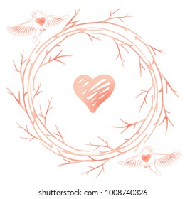 Valentine's Day card, round frame from tree branches, heart and two birds. Soft pink color frame for valentines design. Watercolor vector illustration isolated on white background