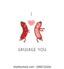 Valentine's Day card with sausages. Happy love sausage icon, flat style. Friends met icon design. Vector dancing food, party. Shop or store logo, fast food. Food festival concept.