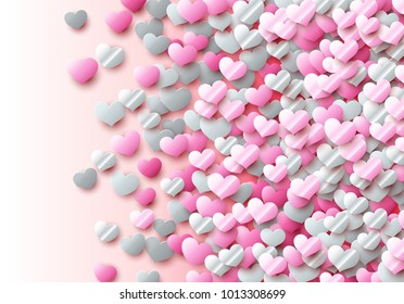 Valentines Day card with scattered colorful foil hearts for showing love to your partner, greeting or invitation to February, 14 or wedding celebration