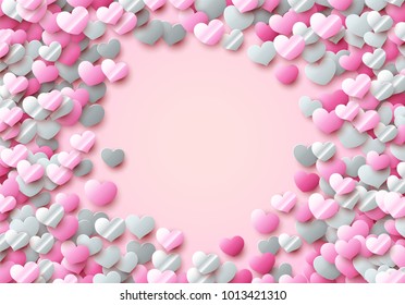 Valentines Day card with scattered colorful foil hearts for showing love to your partner, greeting or invitation to February, 14 or wedding celebration