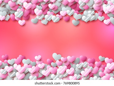 Valentines Day card with scattered colorful foil hearts for showing love to your partner, greeting or invitation to February, 14 or wedding celebration