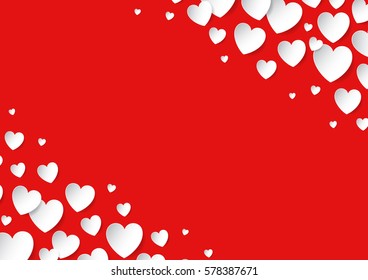 Valentine's Day card with scattered vector paper hearts on red background. Copy space.