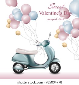 Valentines Day card with scooter and balloons Vector. Greeting card romantic designs