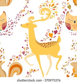 Valentines day card, seamless pattern, design with hearts, animals and abstraction. Seamless pattern with deer, owl, squirrel and abstraction. Hand drawn colorful Vector illustration.