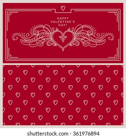 Valentine's Day Card with Seamless Reverse Side on Red Background. Decoration Elements with Stylized Heart and Wings. Vector Holiday Design Template.