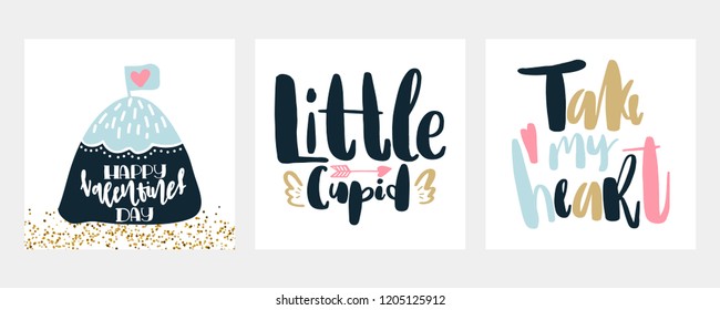 Valentines day card set of 3 in scandinavian style. Vector illustration